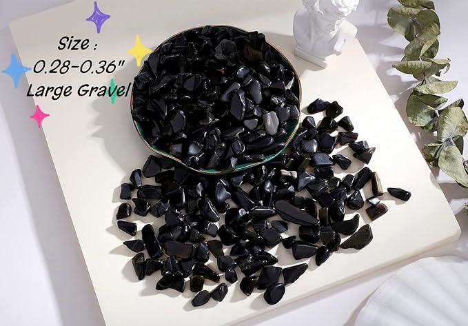 Black Obsidian Crystal Polished Gravel Quartz Stones 0.3-0.4" Pea Chips Stone Natural Crushed Tumbled Rocks Gem for Home Decoration Aquarium Small Tank Plants Vase Filler Landscape Ornament, 0.55 lbs