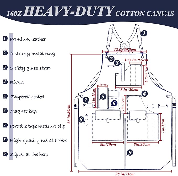 Woodworking Apron, Tool Apron, Canvas, Multiple Pockets, Adjustable Zipper, Metal Ring, Tape Measure Clip, Plus Size, Denim.
