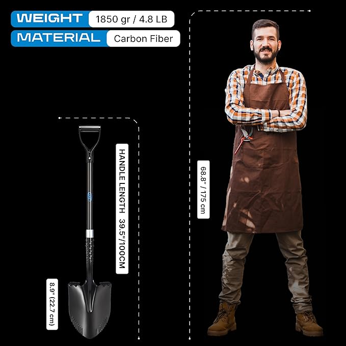 CKG Carbon Garden Shovel for Digging 43 Inches, Heavy Duty Gardening Shovel with Round Blade and Comfortable D Grip Spade Shovel for Gardening, Landscaping, Construction, Round Blade