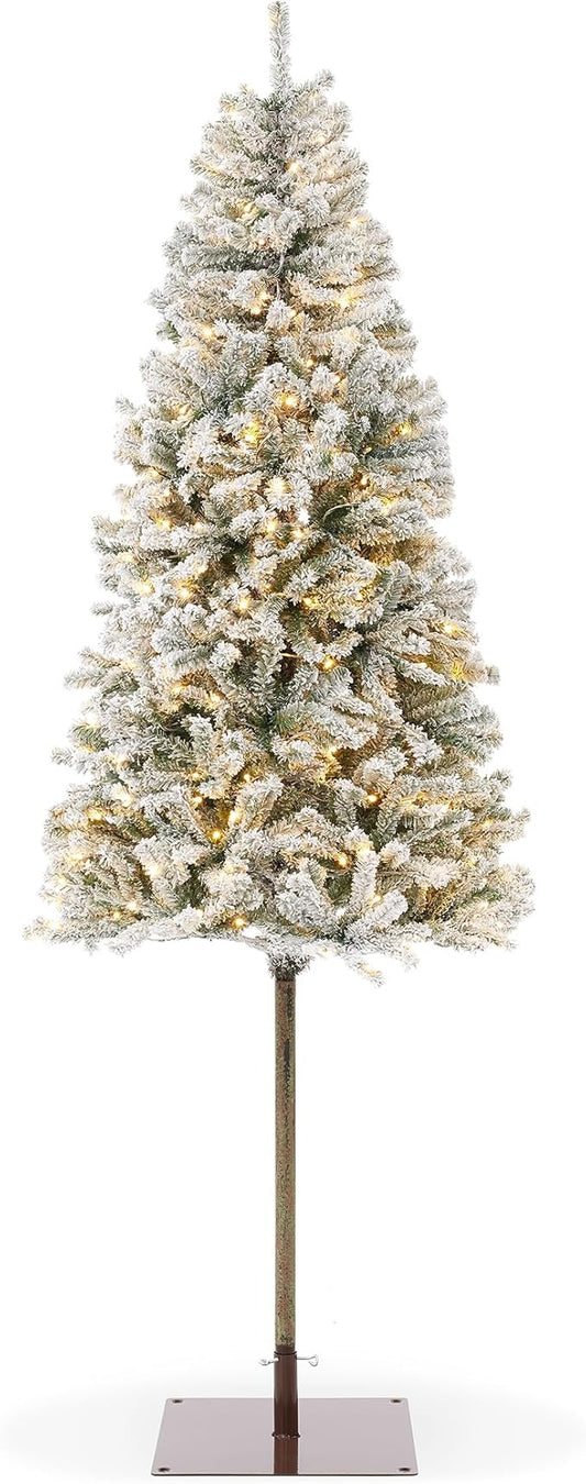 Casafield 6.5FT Pre-Lit Realistic Pencil Snow-Flocked Alpine Fir Artificial Holiday Christmas Tree with LED Lights and Metal Stand