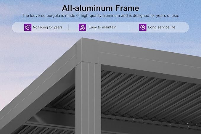 PURPLE LEAF Louvered Pergola 12' x 16' Outdoor Retractable Modern Hardtop Full Aluminum Pergola with Adjustable Rainproof Roof and 24 White LED String Lights for Patio Deck Backyard Slate Grey