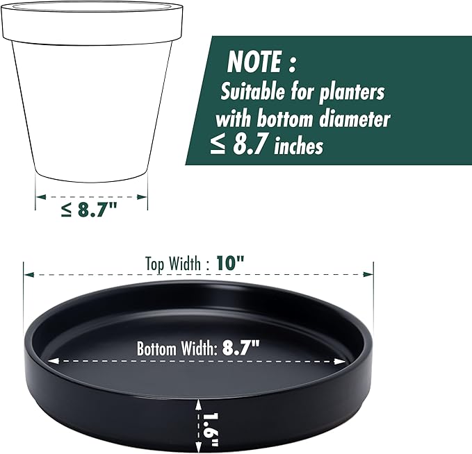 D'vine Dev Modern Round 8.7 Inch Ceramic Plant Pot Saucer, Planter Pot Drainage Tray for Indoor Plants, Matte Black, 97-T-B-4