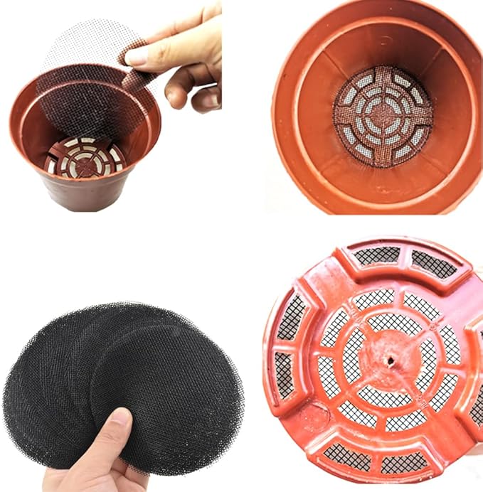 HAHIYO 50PCs 4Inch/10Cm Black Round Glassfibre Flower Pot Hole Mesh Pad Bottom Grid Mat Bonsai Drainage mesh Hole Screens Gasket Prevent Soil Loss Breathable Gasket Drainage Netting for Bonsai