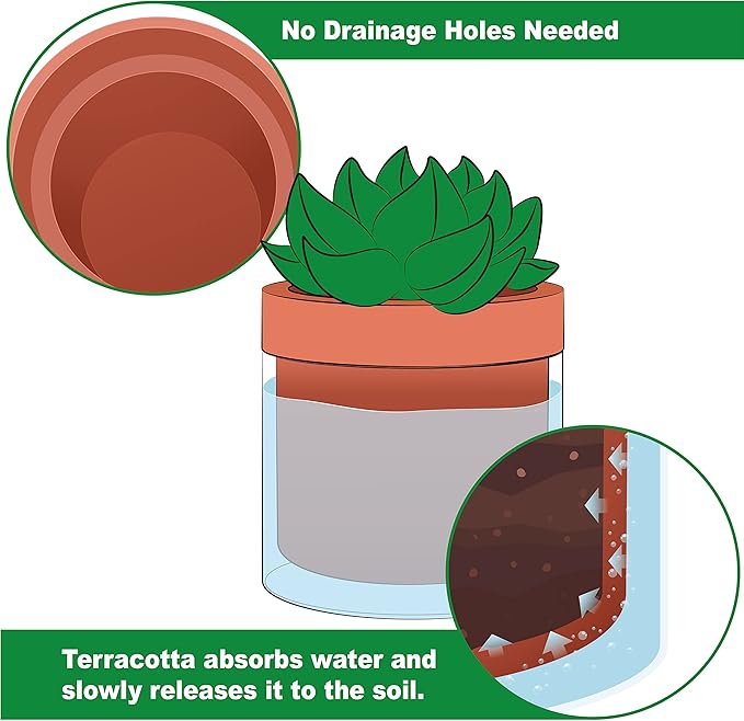 Phoenix Vine 4 Inch Self Watering Planter Pot, Terracotta Clay Pot with Glass Reservoir for Indoor Plants, Herbs, Flowers, Set of 4, 52-A-E-4
