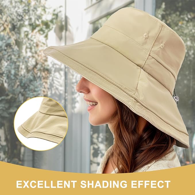 Sun Hats for Women Wide Brim Ponytail UV Protection Beach Hat Packable Waterproof Bucket Hat for Travel Hiking Gardening