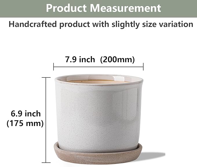 8 Inch Plant Pot: Ceramic Planter with Drainage Hole & Saucer for Indoor Outdoor Plants - Flowerpot with Bonded Tray for Home Office - Retro Style, Grey