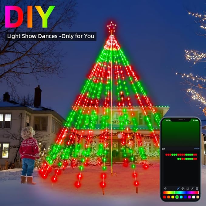 13.5ft,542 LEDs Smart Christmas Tree Lights Outdoor Pole set,App&Remote Control Large Waterfall String Lights,DIY RGB Colors,Music Sync,Timer,Waterproof Giant Tree Lights for Yard,Party,Xmas Decor