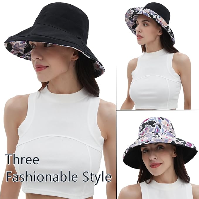vidsel Womens Sun Hats Wide Brim Reversible Bucket Cotton Hat Packable Summer Travel Cap with Hat Clip,UV Protection