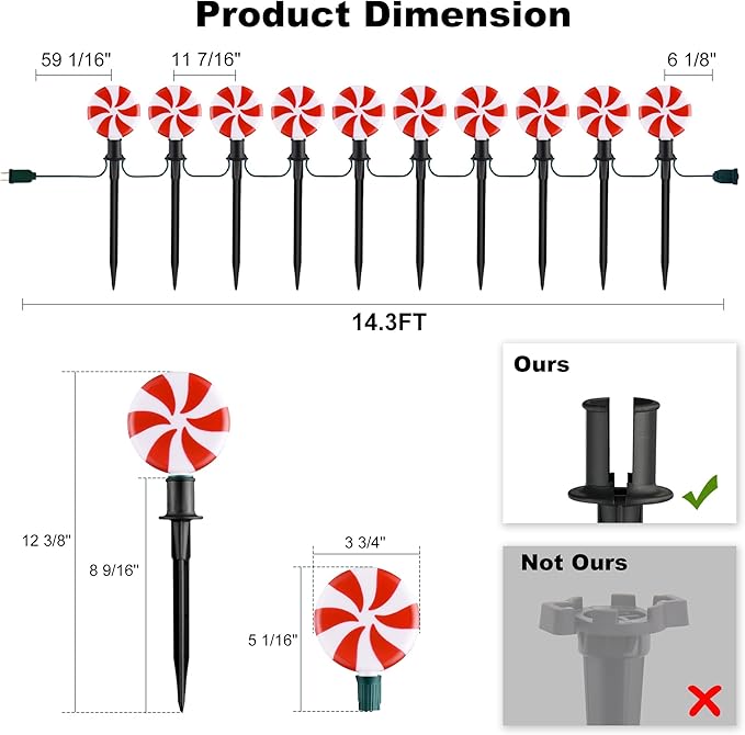 Ultimate Unicorn Christmas Lollipop Pathway Lights for Garden Christmas Decoration Red, 10 LED Peppermint String Lights with Stakes for Outdoor Sidewalk Pathway Rooftop Lawn Garden