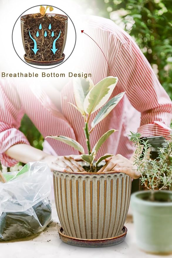 Oairse Ceramic Pots for Indoor Plants, 7.8 inch Pots for Plants Brown Planters with Drainage Holes and Saucers Texture Ceramic Planters Indoor Outdoor for Succulent