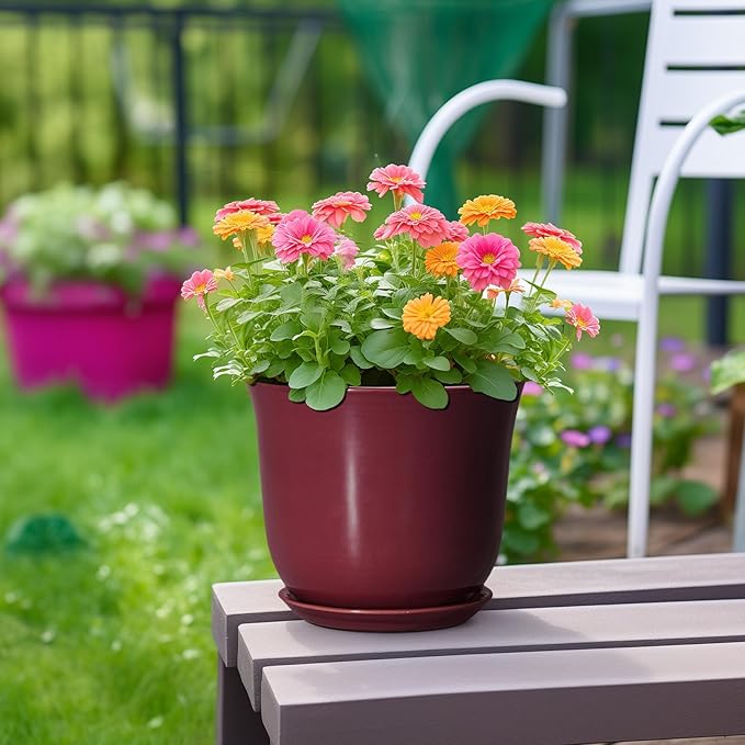 Ceramic Planter - 8 Inch Plant Pot with Drainage Hole and Saucer, Round Planter for Indoor Outdoor, Modern Flower Pots, Porch Garden Home Decor, Gifts for Plant Lovers, Red