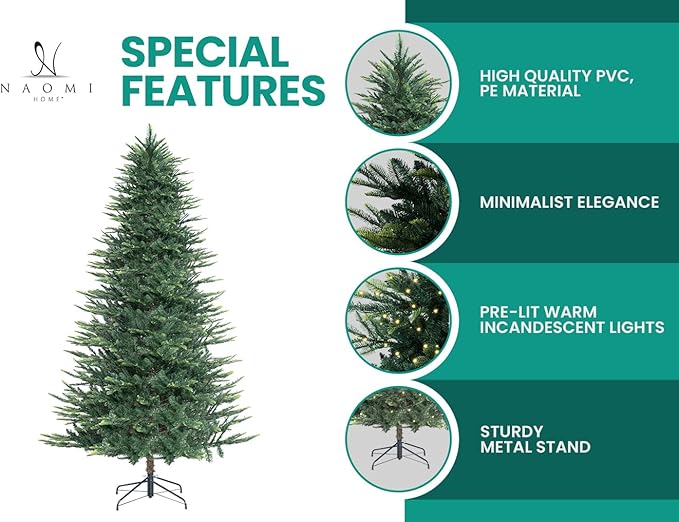 Naomi Home Lujan 6.5ft Prelit Aritificial Christmas Tree with 921 Branch Tips, 500 Warm Lights and Metal Stand, 48" Wide Realistic Nordic Christmas Tree with Lights