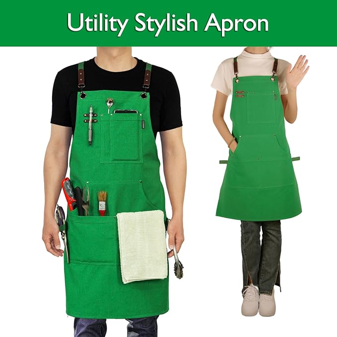 Kitchen Apron, Work Apron, Canvas, Multiple Pockets, Gardening, Painting, BBQ, Artist, Carpenter, Sizes M to XXL, Green
