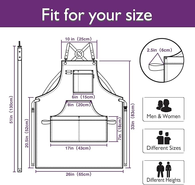 Kitchen Apron, Work Apron, Canvas, Multiple Pockets, Gardening, Painting, BBQ, Artist, Carpenter, Sizes M to XXL, Purple