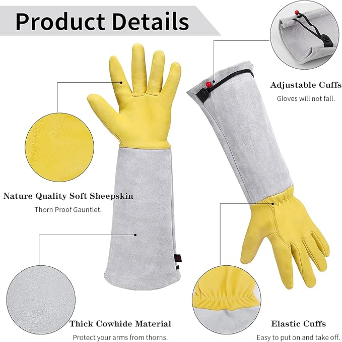 Gardening Gloves for Women/Men, Rose Pruning Thorn-Proof Gloves, with Adjustable Cuff and Durable Goatskin Leather, Comfy Breathable Long Sleeve Work Garden Gauntlet Glove for Yard Work(L)