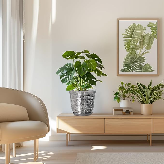 Ceramic Pots for Plants - 8 Inch Plant Pot with Drainage Hole and Saucer, Round Planters for Indoor Outdoor, Modern Planter, Decorative Flower Pots, Home Decor, House Warming Gifts, Silver