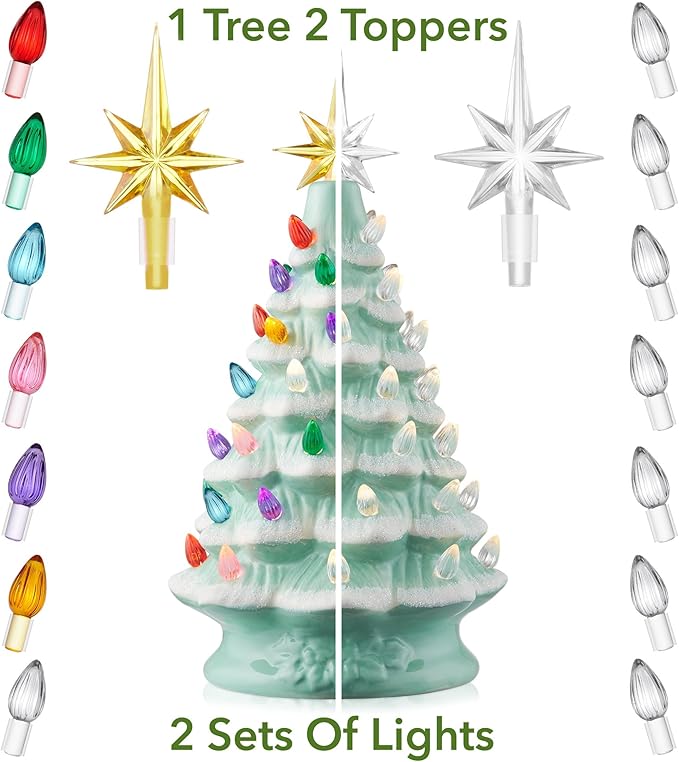 Casafield Hand Painted Ceramic Christmas Tree, Seafoam Snow Flocked 12-Inch Pre-Lit Tree with 100 Multi Color Lights and 2 Star Toppers