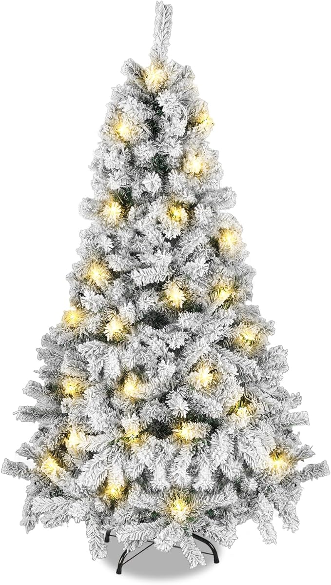 Northroad 5ft Pre-lit Flocked Christmas Tree with Incandescent Warm White Lights, Artificial Xmas Tree W/500 Branch Tips, 200 Lights & Foldable Stand