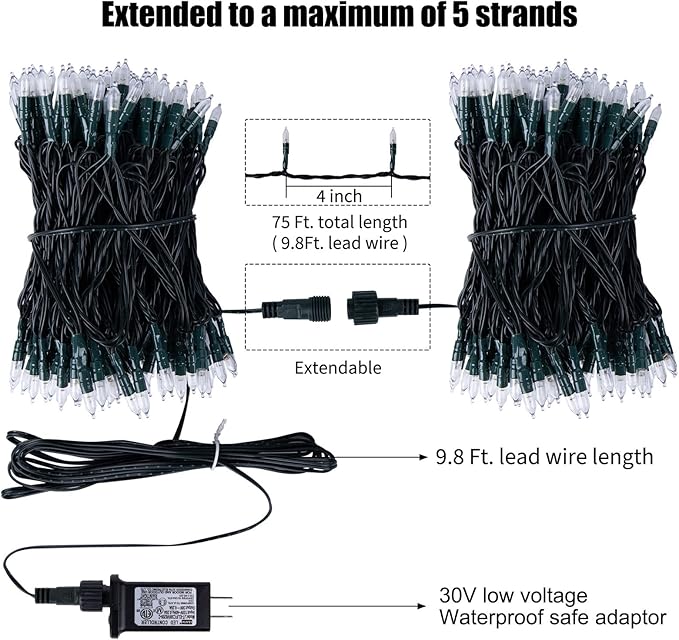 LED Christmas Mini Lights, 75 Feet 200 LED Clear Bulbs String Lights with 8 Light Modes, Connectable Fairy Lights Plug in for Outdoor Xmas Trees Garland Wreath Holiday Decorations, Warm White