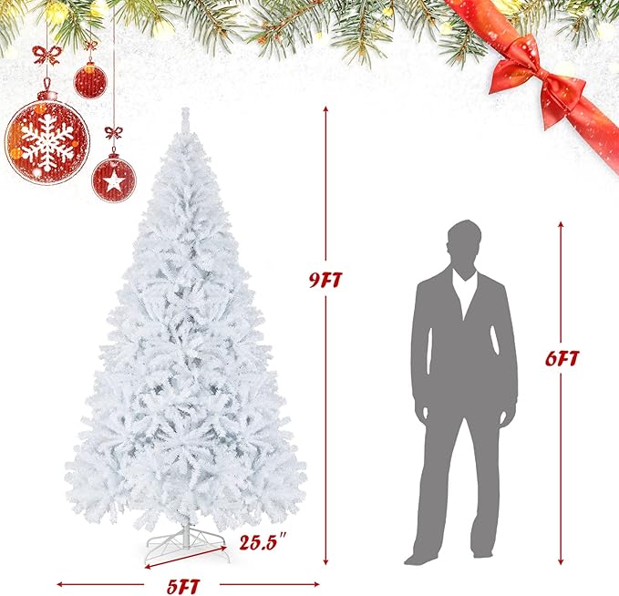Goplus White Artificial Christmas Tree, 9ft Premium Unlit Hinged Spruce Full Tree, with Metal Stand, Easy Assembly, for Indoor and Outdoor Use