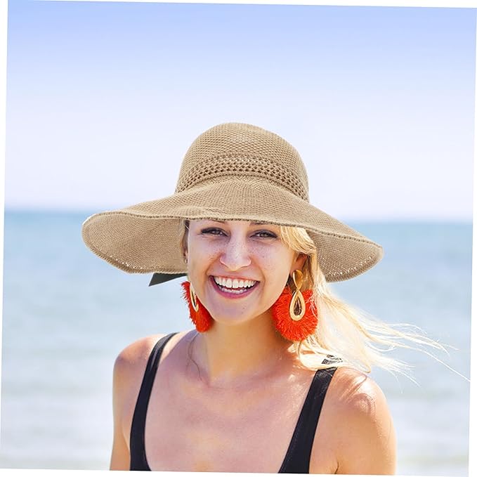 Foldable Bowknot Straw Sun Hat for Women Lightweight Wide Brim Beach Visor for Outdoor Activities Breathable Summer Sun Protection Accessory Portable Garden and Hiking Cap Khaki