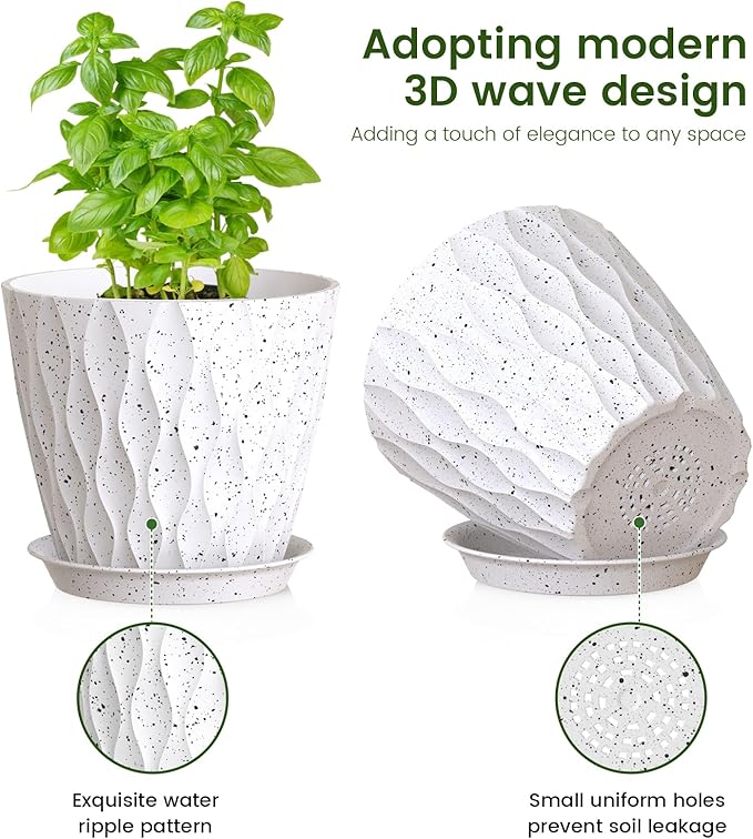 7/6.5/6/5.5/5/4.5/4 inch Plant Pots for Indoor Outdoor Plants, 7 Pack Thick Flower Pots with Drainage Holes and Saucers, Modern Wave Texture Plastic Planters Nursery Pots, Speckled White