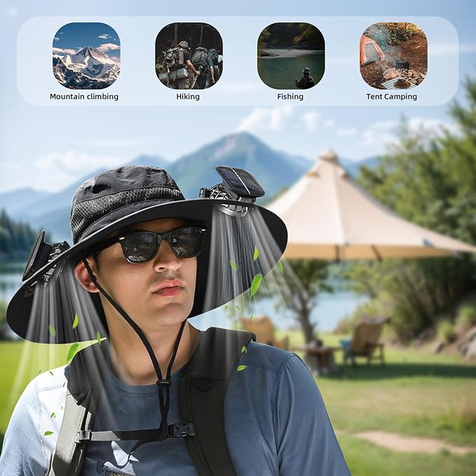 Wide Brim Solar/USB Rechargeable Fan Hat Adjustable Cooling Sun Hat for Men&Women, Outdoor Fishing Gardening Hats&Sunglasses
