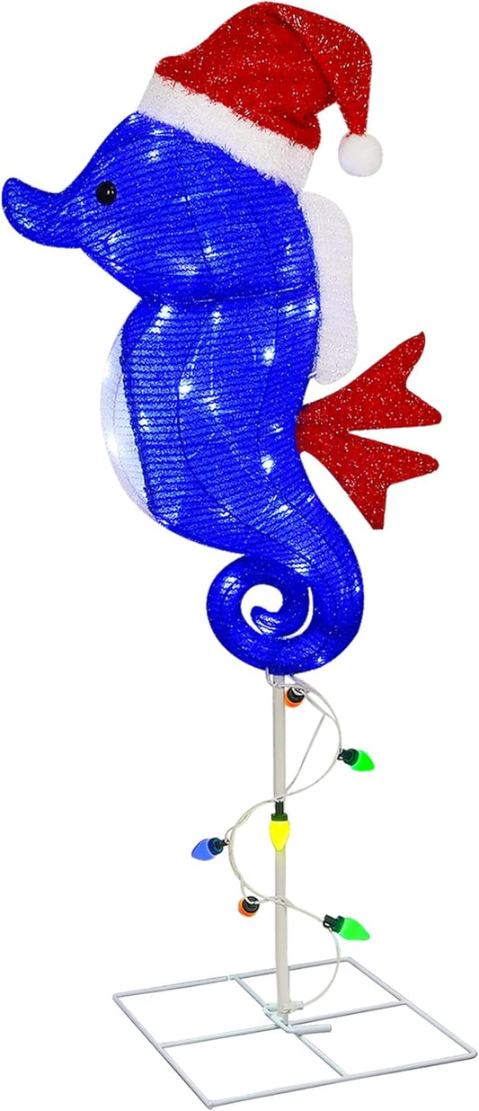 Prsildan Outdoor Christmas Decorations – 40 Inch Colorful LED Seahorse Yard Decor with Santa Hats, Lighted Holiday Lawn Stakes for Porch, Garden, Pathway, Seahorse Figures Xmas Decor (Blue)