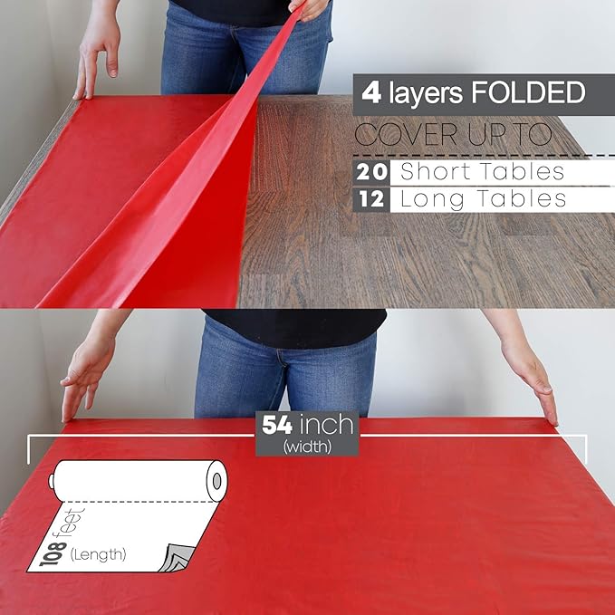 Neatiffy Disposable Plastic Table Cloth Roll | 54 in x 108 Ft Waterproof Tablecloth | Table Cover for Rectangle, Square, Round Oval Tables | Picnic, Party, Banquet, Birthdays, Weddings - Red