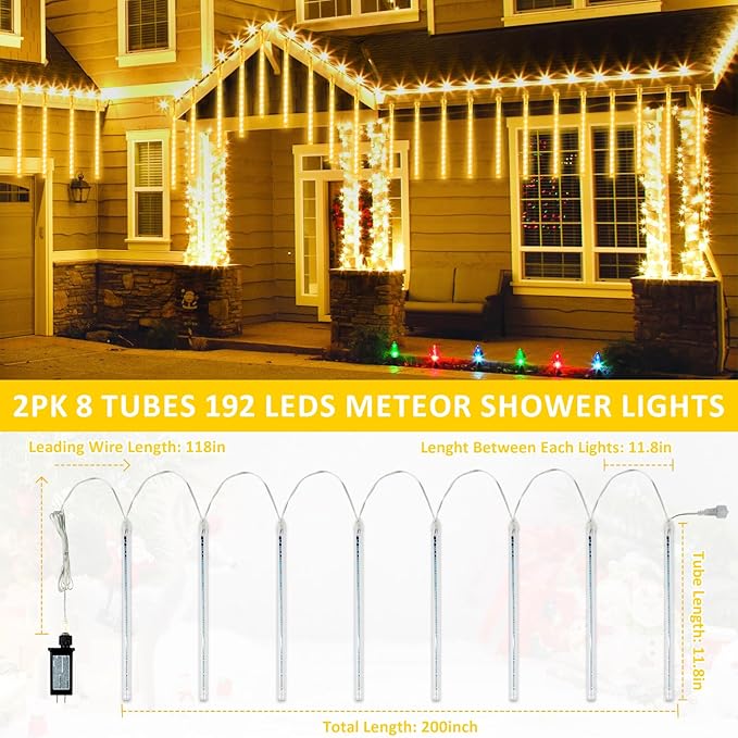 2-Pack Extendable Meteor Shower Christmas Lights Outdoor, 16 Tubes 384 LEDs Waterproof Falling Rain String Lights, Christmas String Lights Outdoor for Tree Patio Garden Holiday Decorations(Warm White)