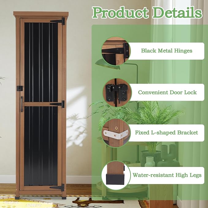 62" H Tall Narrow Outdoor Storage Cabinet with Metal Top, Outdoor Shed Storage Unit Waterproof with Adjustable Shelves for Garden, Patio, Living Room, or Entryway Storage, Black