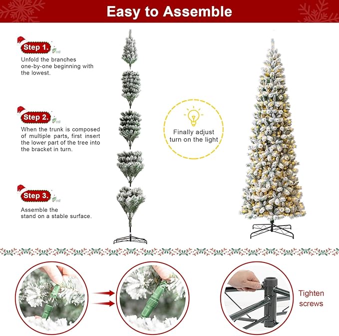 Glitzhome 11ft Pre-Lit Flocked Pencil Artificial Christmas Tree, Portland Snowy Pine Pencil Christmas Tree with 700 LED Lights, 9 Functional Warm White/Multi-Color, Remote Controller