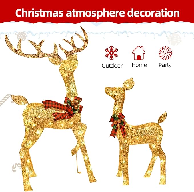 3-Piece Large Deer Family - HOYECHI Lighted Christmas 3D Reindeer Outdoor Yard Decoration Set w/ 210 LED Lights, Stakes, Zip Ties - Gold