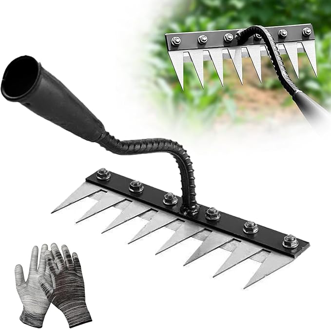 2025 Iron Weeding Rake 2.0, Iron Rake for Gardening and Weedings, Heavy Duty Gardening Hand Weed Puller Tools, 8 Teeth Carbon Steel Garden Weedings Rakes for Lawn Care