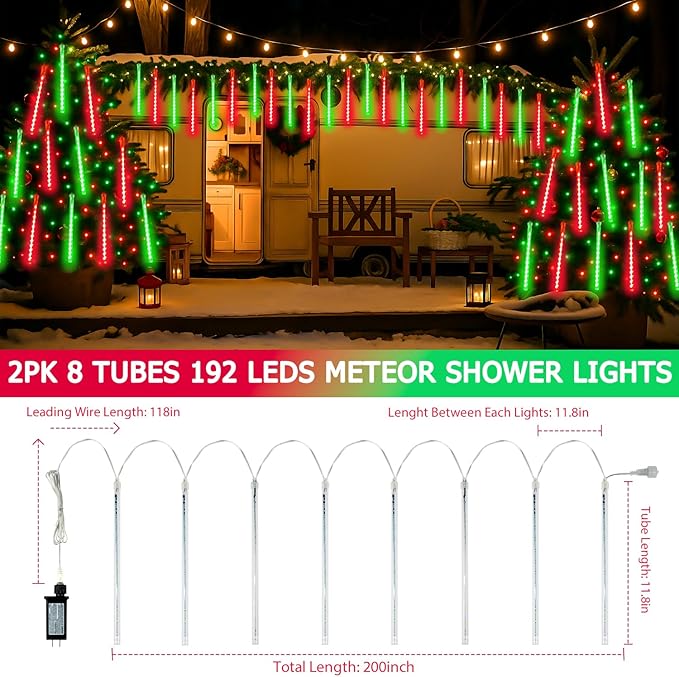 2-Pack Extendable Meteor Shower Christmas Lights Outdoor, 16 Tubes 384 LEDs Waterproof Falling Rain String Lights, Christmas String Lights Outdoor for Tree Garden Holiday Decorations (Red and Green)