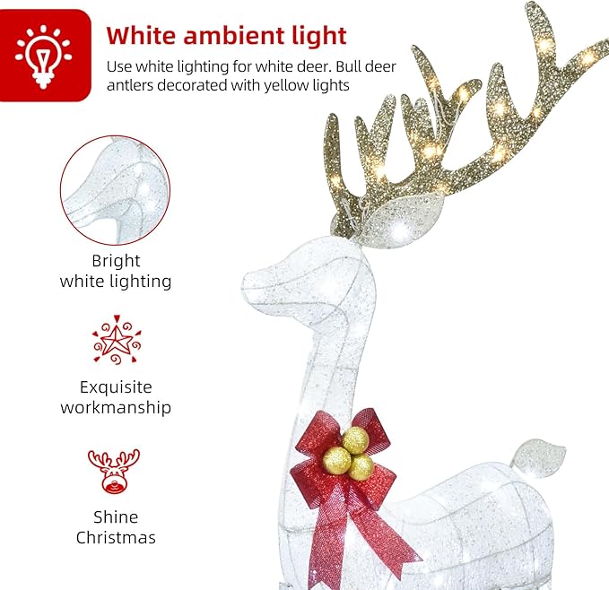 Lighted Christmas Decoration Deer 3 Piece, Light up Christmas Decor Reindeer Family Set for Indoor Outdoor Front Yard Porch with LED Lights, Plug, Ground Stakes - White
