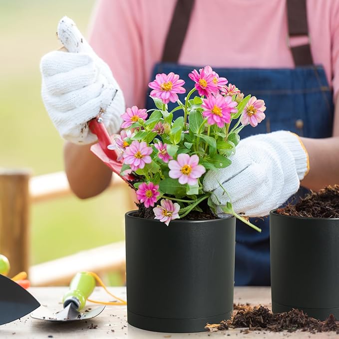 10/8/6 inch Large Deep Plant Pots for Outdoor Indoor Plants, 3 Pack Tall Cylinder Flower Pots with Drainage Holes and Saucers, Big Plastic Planter Pots for Garden House Porch, Black