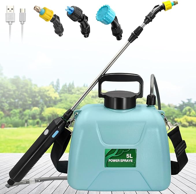 1.35 Gallon/5L Battery Powered Electric Sprayer with USB Rechargeable Handle, Portable Garden Sprayer with 23.6" Telescopic Wand, 3 Mist Nozzles and Adjustable Shoulder Strap