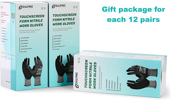 DULFINE Work Gloves for Men and Women,Hi-Vis Yellow Knit Nylon Glove with MicroFoam Nitrile Coated-12 Pairs Pack,Ideal for General Purpose,Automotive,Home Improvement,Painting(Small)