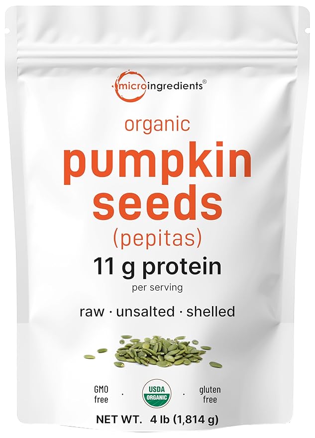 Organic Pumpkin Seeds, 4lbs | Raw, Unsalted, & Shelled – Whole Pepitas | Pumpkin Seeds to Eat | Great for Baking, Smoothies, & Salad Toppings | Natural Source of Essential Fatty Acids, Protein, & Iron