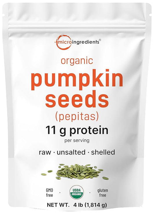 Organic Pumpkin Seeds, 4lbs | Raw, Unsalted, & Shelled – Whole Pepitas | Pumpkin Seeds to Eat | Great for Baking, Smoothies, & Salad Toppings | Natural Source of Essential Fatty Acids, Protein, & Iron