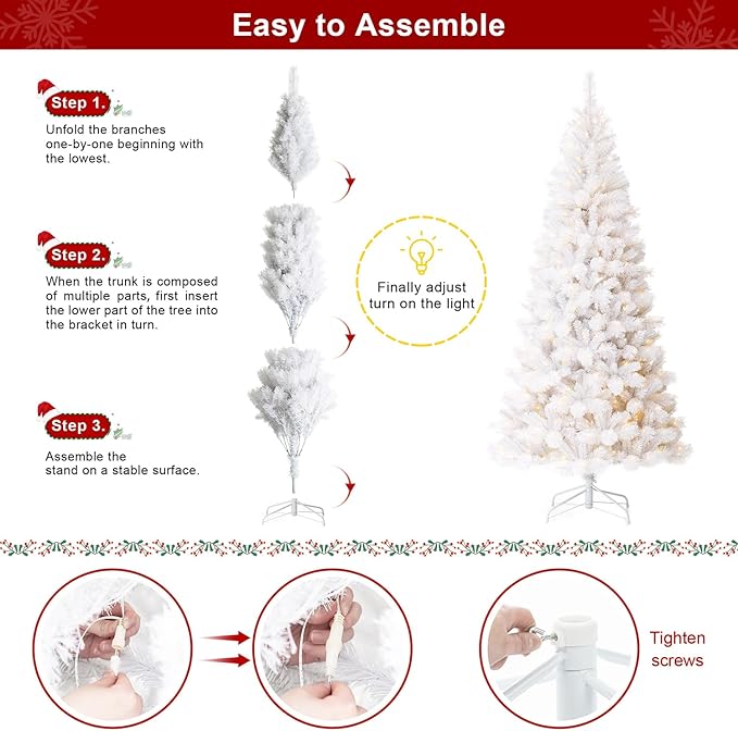 Glitzhome 8ft Pre-Lit Slim Artificial Christmas Tree, Aspen Frostfall Pine Hinged Holiday Xmas Tree with Foldable Metal Stand, 500 Warm White Lights, Ideal for Home, Office, Party Decoration