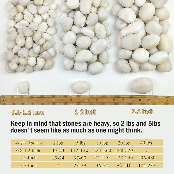 White River Rocks, Polished Pebbles for Indoor Plants, Decorative White Stones for Plants, Vase, Aquarium, Fish Tank, Landscaping and Garden（40 lbs, 1-2 inch）
