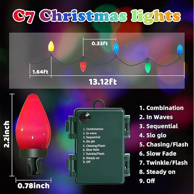 C7 35 LED Battery Operated Christmas Lights,Battery Powered Multicolor Waterproofing Bulbs,13FT 8 Modes with Auto On/Off Time for Xmas Tree Garden Patio Indoor Outdoor Christmas Decorations