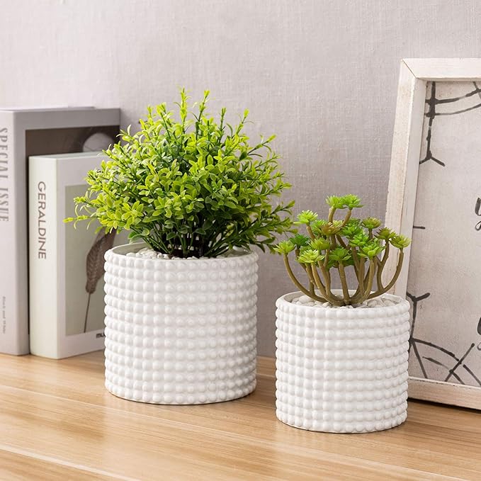 MyGift 6 Inch Ceramic Round Planter Pot, Set of 2 Vintage-Style White Ceramic Flower Pots, Indoor Hobnail Textured Cylindrical Succulent Plant Containers