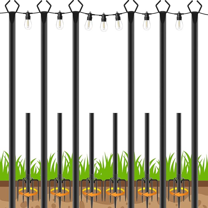 6 Pack 10 FT String Light Poles,Metal with Fork Lights Poles for Outdoor String Light, Rustproof Heavy Duty for Outside Garden,Patio,Wedding,Backyard,Deck,Party