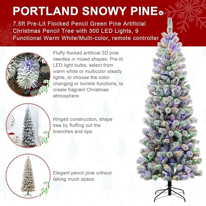 Glitzhome 7.5ft Pre-Lit Flocked Artificial Christmas Tree, Portland Snowy Pine Pencil Christmas Tree with 300 LED Lights, 9 Functional Warm White/Multi-Color, Remote Controller