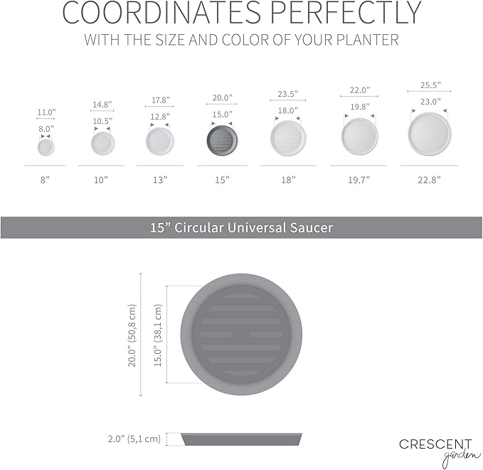 Crescent Garden Universal Round Planter Saucer, Durable Drainage Dish for Plant Pots, Heavy-Duty Plant Dishes Saucer, Indoor & Outdoor Plant Trays - Slate (15.5 inch Inner, 20 inch Outer Diameter)