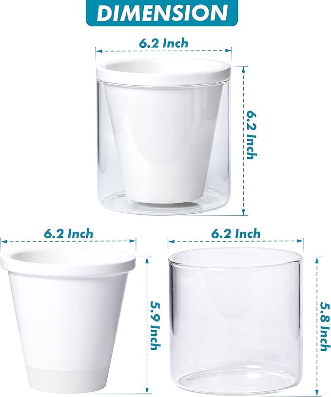 D'vine Dev 6 Inch Design Self Watering Planter for Indoor Plants, White Terracotta Pots with Cylinder Glass Cup, Set of 2, 37-Y-B-2