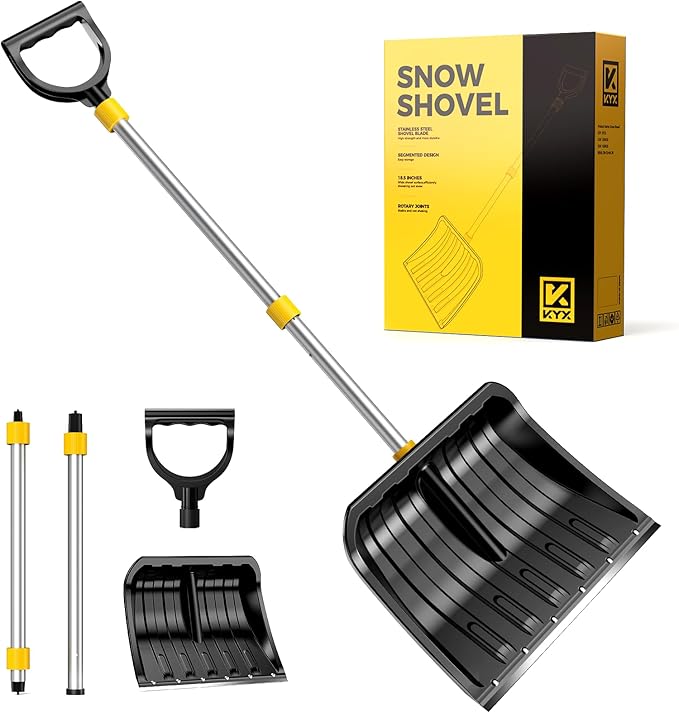KYX 18.5" Wide Snow Shovel with Stainless Steel Wear Strip & D-Shape Handle, Heavy Duty Snow Shovel for Driveway, Sidewalk, Garden, Yard Snow Removal